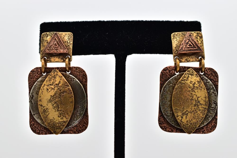 Vintage Marjorie Baer SF Mixed Metal Geometric Dangle Earrings Copper Gold BinAK